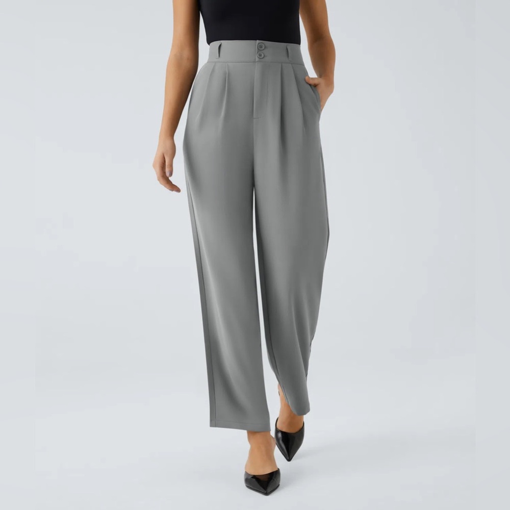 Halara High Waisted Button Zipper Side Pocket Shirred Straight Leg Work Pants 👖 - Picture 3 of 6